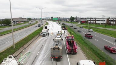 Truck spills white paint all over Montreal highway