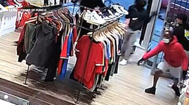 Video shows robbers smashing window to escape after Mississauga store owner locks them inside