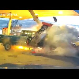 Out-of-control truck plows through gas station and causes explosion