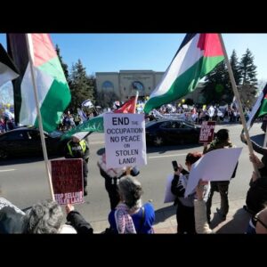 Pro-Palestinian protesters rally at synagogue for hosting event on buying land in occupied West Bank